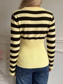 CovetEZ 女款休閒舒適V領淺黃色與咖啡棕對比色長袖針織衫 - 彩色 - 查看 2