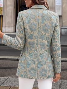 SHEIN Clasi Women's Vintage Jacquard Faux Pearl Button Long Sleeve Blazer - Cadet Blue - View 6