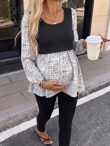 SHEIN 孕婦復古時尚拼色長袖襯衫，適合日常穿著，秋季款 - 黑與白 - 查看 2
