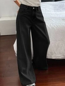 DAZY Teen Girl Pocket Wide Leg Loose Casual Versatile Denim Jeans - Black - View 3