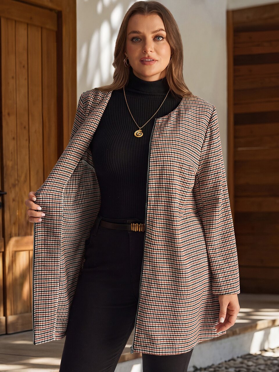 Plus Size Plaid Long Sleeve Zip Front Casual Jacket Fall Winter 2026