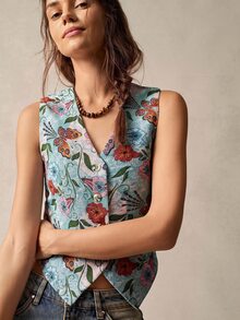 Bohemela Women's Floral Pattern Casual Daily Vest Jacket - Army Green - View 5