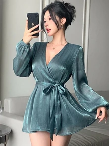 Joudiya 女款夏季藍色雪紡襯衫，綠色婚禮度假優雅派對荷葉邊繫腰長袖上衣 - 藍色 - 查看 2