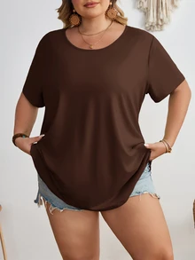 SHEIN CURVE+ 大尺碼女款純色圓領短袖休閒百搭T恤 - 棕色 - 查看 5