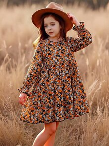 SHEIN 女嬰女童花卉可愛洋裝，春夏秋冬度假風女童洋裝 - 棕色 - 查看 8