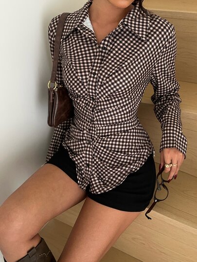 Aloruh Women's Elegant Commuter Plaid Shirt, Long Sleeve Waist-Cinching Blouse, Vintage Casual, Suitable For Autumn/Winter