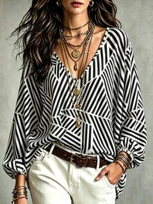 Glimmora Women's Casual Commute Striped Print Blouse - Multicolor - View 1