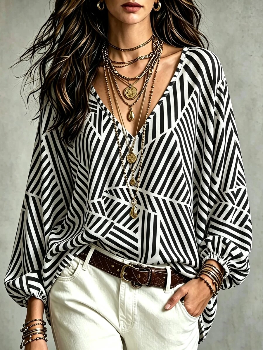 Glimmora Women's Casual Commute Striped Print Blouse - Multicolor - View 1