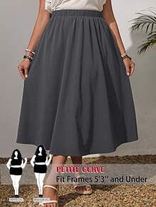 SHEIN PETITE CURVE 大尺碼純色彈性腰鬆垮擺夏季時尚百搭裙 灰色 正式休閒度假寬鬆款 - 灰色 - 查看 1