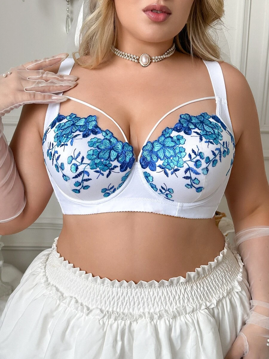 SHEIN Plus Size Underwire Lace Patchwork Non-Slip Wide Strap Comfortable Bra, 1pc - Blue and White - View 1