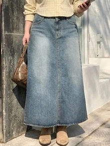 Dazy Plus Vintage Denim Skirt Versatile Women's Slit Long A-Line Slimming Denim Skirt - Medium Wash - View 1
