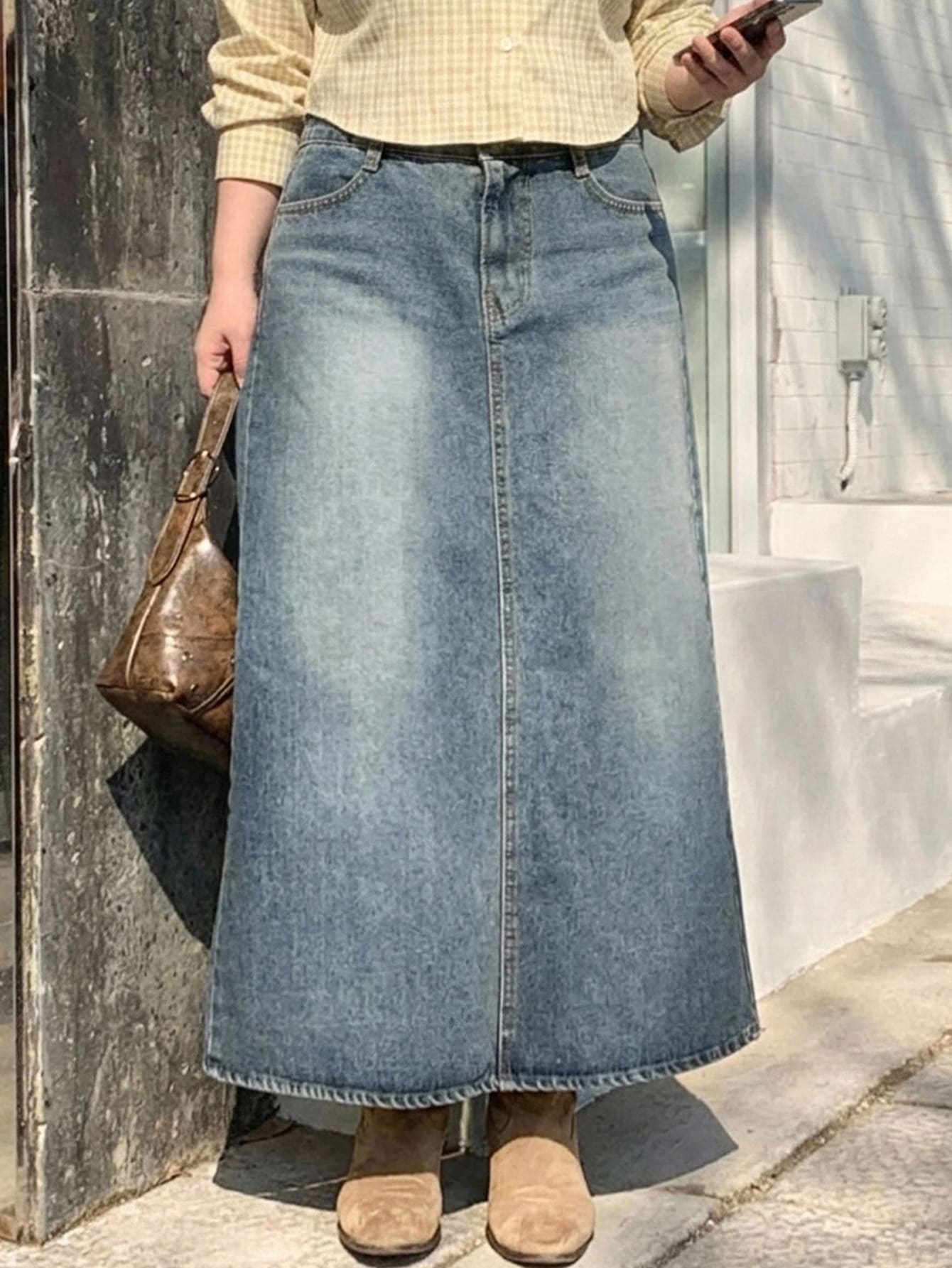 Dazy Plus Vintage Denim Skirt Versatile Women's Slit Long A-Line Slimming Denim Skirt - Medium Wash - View 1
