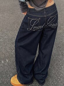 Dazy Plus Plus Size Letter Rhinestone Decor Casual Button Pocket Denim Jeans - Dark Wash - View 5