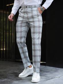 Manfinity Mode Men's Plus Size Plaid Suit Pants, Slim Straight Leg Casual Trousers, Business Office Commute Drape Versatile Autumn Long Pants, Blue Checkered, Formal, Old Money - Light Grey - View 6