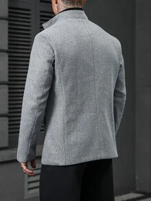 Manfinity CasualCool 男士立領中長版灰色單排扣羊毛大衣，休閒夾克，秋冬英式商務休閒通勤羊毛外套 - 灰色 - 查看 2