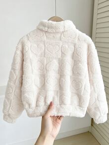 Elladie kids 1件女童秋冬新款休閒極簡針織珊瑚絨心形壓紋長袖翻領寬鬆拉鍊毛茸茸外套，適合日常穿著與外出 - 米色 - 查看 2