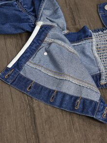 Slaydiva Women's Off-Shoulder Long Sleeve Single-Breasted Cropped Denim Jacket - Blue - View 7