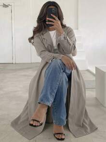 Al Najma Plus Size Lapel Collar Open Front Abaya Maxi Coat Lace Cuff Trim Long Sleeve Loose Modest Fall Muslim Outerwear - Khaki - View 5