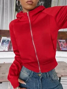 SHEIN EZwear 女款休閒舒適秋冬紅色連帽開襟長袖運動衫 - 紅色 - 查看 5