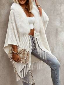SHEIN Franclia Women's Fur Collar Batwing Sleeve Tassel Design Fashion Knit Cardigan - White - View 4