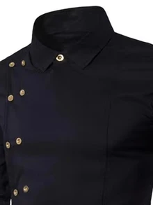 Manfinity Homme Men's Plus Size Solid Color Double-Breasted Long Sleeve Casual Classy Shirt Business Office Black Autumn - Black - View 3