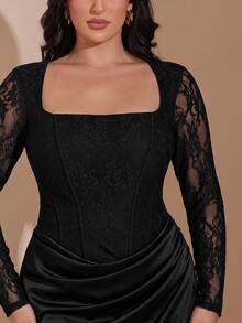 SHEIN BAE CURVE 大尺碼女款長袖蕾絲洋裝，優雅秋冬派對洋裝 - 黑色 - 查看 2