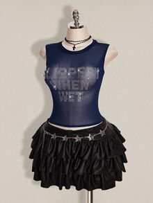 SHEIN ICON 大尺碼 Y2K 夏季黑色性感透視網紗水鑽亮片露背修身背心（附水鑽字母裝飾） - 藏蓝色 - 查看 5