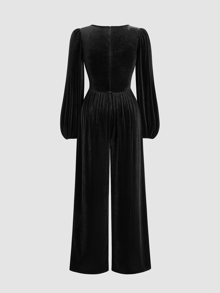 Sweetra Jumpsuit Panjang Ukuran Besar dengan Leher Persegi dan Pinggang Ramping Berbahan Beludru - Hitam - View 2