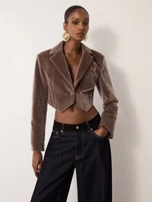 MERLEAU Women's Solid Color Plush Casual Versatile Long Sleeve Blazer - Brown - View 3