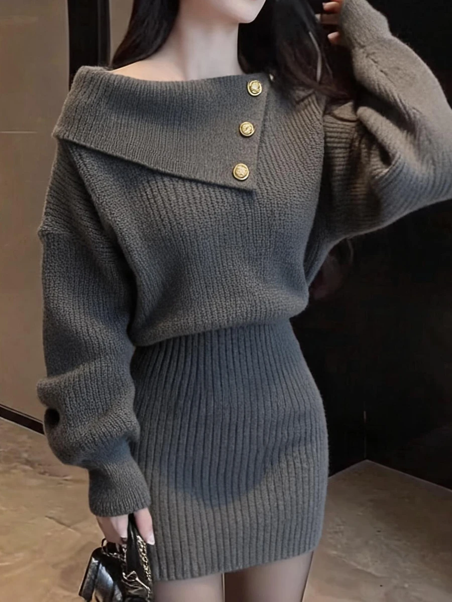 DAZY Grey One-Shoulder Metal Button Decor Loose Batwing Sleeve Cinched Waist Fitted Knit Dress - Dark Grey - View 1