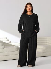 Solflare Plus Size Autumn Casual Solid Color Top And Pants 2 Pieces Set - Black - View 5