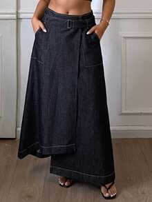 Dazy Plus Cotton High Waist Dark Wash Blue Solid Color Tie Waist A-Line Full Skirt Patchwork Denim Skirt - Dark Wash - View 5