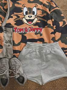 TOM & JERRY X SHEIN SHEIN EZwear 女款迷彩卡通印花連帽衛衣，適合戶外、街頭穿搭、返校季 - 彩色 - 查看 8