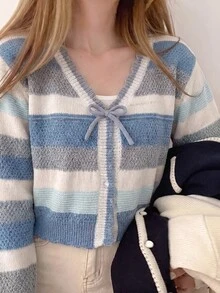 SHEIN Tween Girl Hollow Striped Colorful Knit Cardigan, Suitable For Home, Casual Outings, Beach Vacation, Gatherings And More, Comfortable Versatile Soft, Fall/Winter Outfits - Blue - View 2
