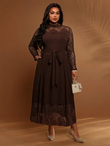 BrightlyHer Plus Size Solid Brown Lace Patchwork Stand Collar Long Sleeve Belted Elegant Dress Autumn 2026 Formal Dinner Evening - Brown - View 4