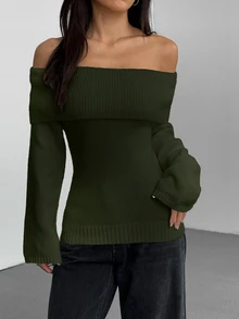 SHEIN Clasi 翻領單字領素色套頭毛衣 - 軍綠色 - 查看 5