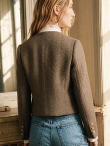 Écloséra Vintage French Elegant Beige Herringbone Tweed Short Jacket, Collarless Round Neck Design, Placket Cuffs Office Everyday Jeans Autumn - Brown - View 2