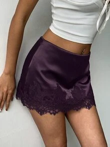 Aloruh Women's Elegant Low Waist Lace Patchwork Satin Fitted Pink Mini Skirt - Purple - View 5