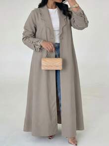 Al Najma Plus Size Lapel Collar Open Front Abaya Maxi Coat Lace Cuff Trim Long Sleeve Loose Modest Fall Muslim Outerwear - Khaki - View 6