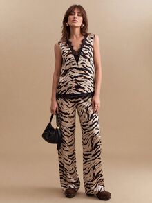 CielaLinda Women's Leopard Print Lace-Trim Sleeveless Top & Wide-Leg Pants Two Pieces Set - Multicolor - View 3