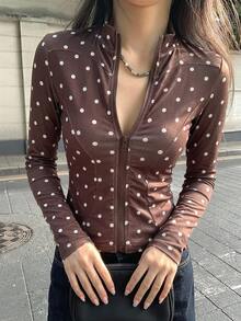 DAZY 女款小立領長袖修身豹紋休閒防曬薄款夾克 - 棕色 - 查看 2