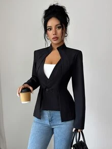 Omancia Women's Black 2 In 1 Notch Lapel Slim Fit Office Blazer - Black - View 5