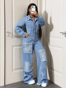BamGleam Festival Standard Size Women's Blue Non-Stretch Distressed Patchwork Long Sleeve Denim Jumpsuit - Light Wash - View 5