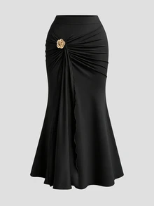 Sweetra Plus Size Black Knitted Ruched Skirt With Ribbon, Camellia Decor, Hip-Covering Mermaid Skirt, Commuter Versatile Skirt Fall - Black - View 8