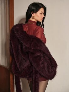 Anewsta Women's Autumn/Winter Short Faux Fur Coat With Large Lapel And Tie - Burgundy - View 7