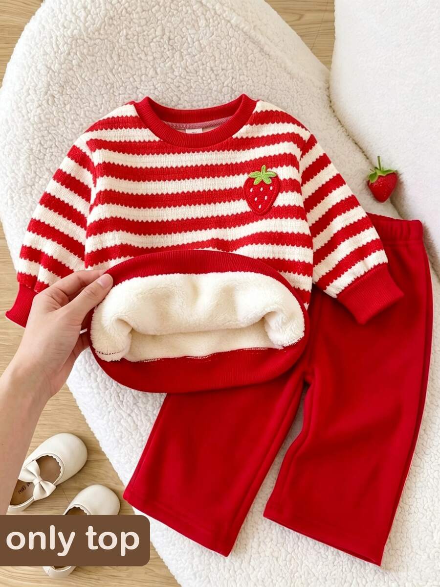 SHEIN 女嬰時尚秋冬保暖內裡加厚條紋布料草莓刺繡圖案設計運動衫上衣 - 紅白色 - 查看 1