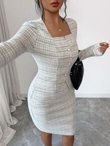 SHEIN Elenzya Fall Clothes For Women Light Gray Plaid Square Neck Long Sleeve Top Pencil Skirt 2 Pieces Set - Light Coffee - View 6