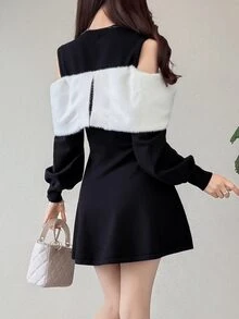 FRIFUL Gaun Rajut Elegan Lengan Panjang Model Colorblock untuk Wanita, Cocok untuk Musim Gugur. - Hitam - View 3