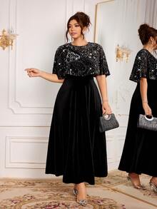 Modelyn Elegant Velvet Patchwork Silver Print Round Neck Cinched Waist A-Line Regular Fit Plus Size Dress For Spring And Autumn - Black - View 5