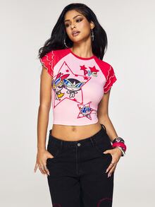 THE POWERPUFF GIRLS X SHEIN Kaos Wanita Kasual Leher Bulat dengan Trim Rumbai dan Lengan Raglan - Merah - View 3